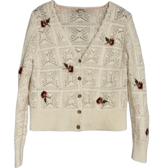 Sundance Sweaters - Sundance Cream Crochet Knit Cardigan‎ Sweater Floral Embroidered Womens PL